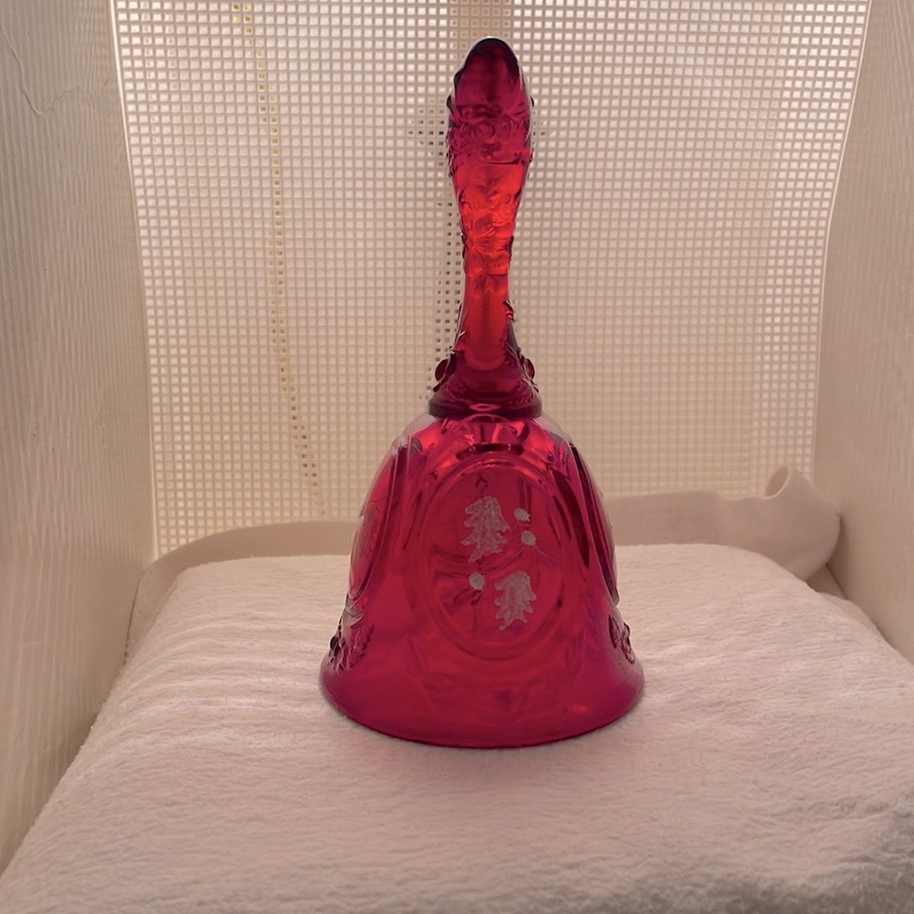 Vintage 70-80’s Fenton Ruby Red Glass Bell 7”Hand painted Christmas Holly Signed